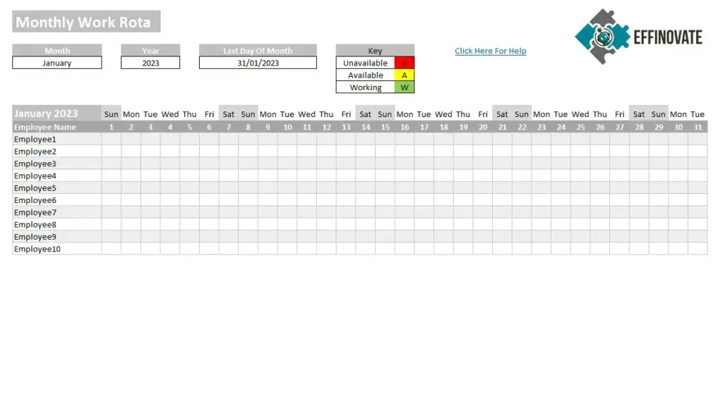 Screenshot of a Work Rota Template for an Excel Spreadsheet
